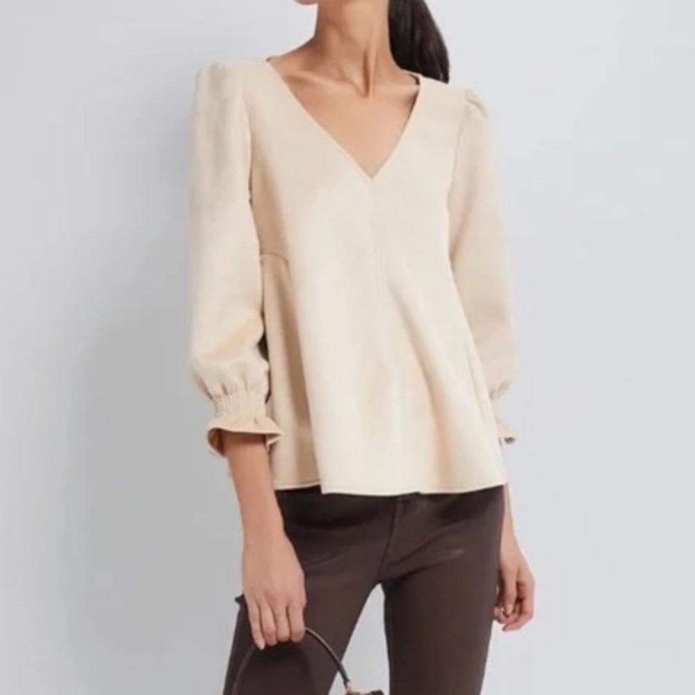 Tuckernuck Easton V-Neck Faux Suede Swing Blouse Puff Sleeve Smocked Cuff Large